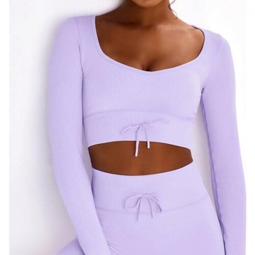 Women Sport T-shirts Seamless Waist Strap Long Sleeve Gym Suit Low-cut Sexy Sports Top Outdoor Sportwear Workout Yoga Shirts