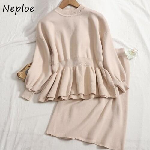Neploe Chic Knitting Ladies Skirt Two-piece Suit O-neck Long Sleeve Ruffle Hem Tops + High Waist Pencil Skirts Women 2pcs Autumn