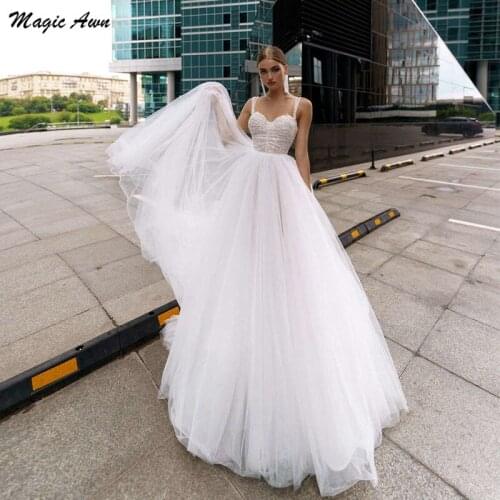 Magic Awn 2021 Princess Lace Wedding Dresses Spaghetti Straps Soft Tulle Boho A-Line Wedding Party Gowns For Bridal Beach Robes