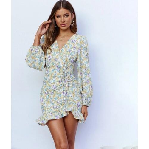 Women Vintage Floral Print Folds Mini Dress Autumn Fashion V-neck Long Sleeve Draw String Ruffled Party Dresses Female Vestidos