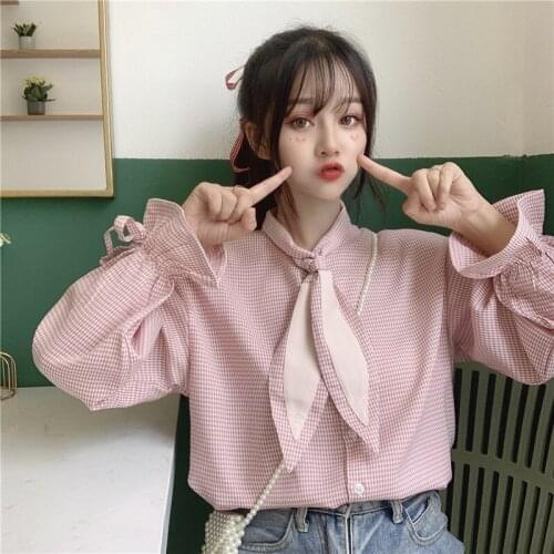 Autumn Sweet Women Blouses Long sleeve Cute rabbit ears collar Pink plaid blouses Flare sleeve Sweet female tops