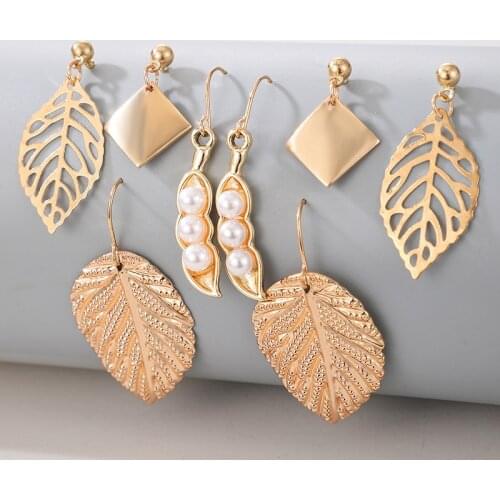 HuaTang 4Pair Gold Color Leaves Pearl Drop Earrings Set for Women Geometric Metal Earrings Female Party Ear Hanging Jewerly