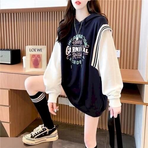 Fake Two-piece Hoodies Women Hoodies 2021 Spring Autumn Thin Section Korean Style Loose Design Sense Top Women Ins Tide Jacket