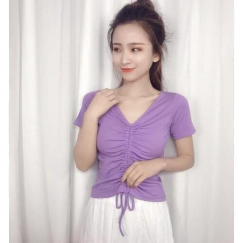 Korean Style New Women Summer Casual Cotton Shirts Short Sleeves V-Neck Tops Drawstring folds Slim Fit Shirts Plus Size M-7XL