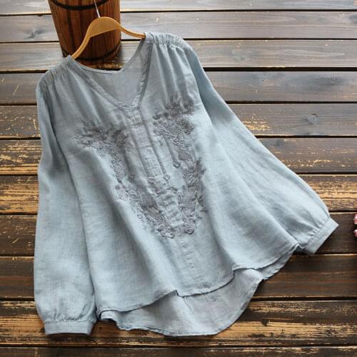7633 New Autumn Women Tops Literary vintage Ramie V-Neck Shirt Loose Long Sleeve Pullover Embroidered Tops