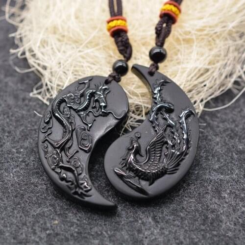 Black Obsidian Taichi Dragon and Phoenix Pendant YINYANG Pendant Necklace Obsidian Lovers Jewelry Talisman Pendants