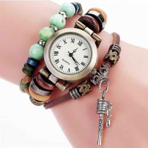 Dropshipping Vintage Women Beaded & Bell Bracelet Watches Luxury Leather Ladies Dress Quartz Wrist Watches Relogio Feminino