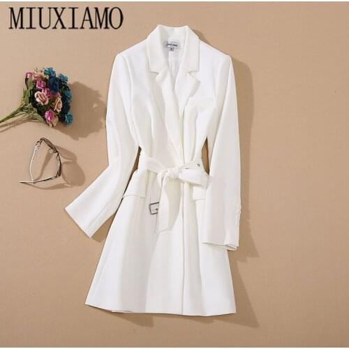MIUXIMAO Luxurious 2020 Fall Dress Women White Dress Solid Slim Office Lady Casual Black Dress Women Vestidos With Belt