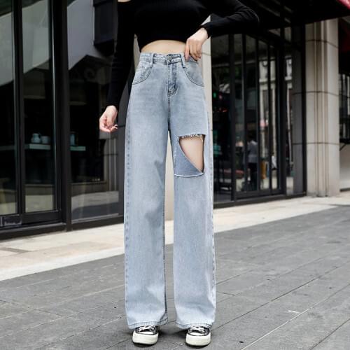 Ripped Denim Wide Leg Pants Womens 2020 Spring Model Straight Loose Slimming Old Dad High Waist Drape Mopping