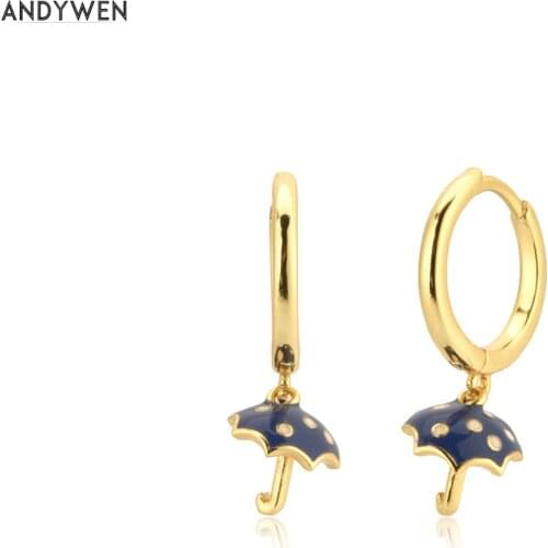 ANDYWEN 925 Sterling Silver Gold Umbrella Blue Enamel Drop Earring Piercing Clips Wedding Gift Small Tiny Jewelry Circle Fashion
