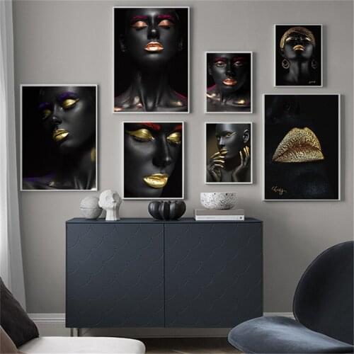 Modern African Black and Gold Woman Oil Painting on Canvas Cuadros Posters Prints Scandinavian Wall Art Picture for Living Room