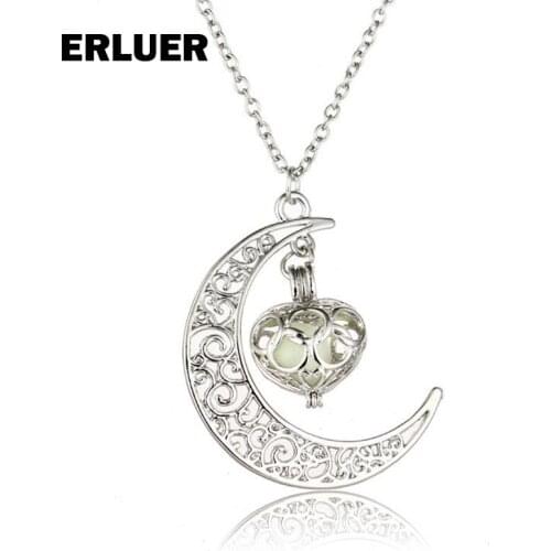 ERLUER Luminous Pendant light Bead Glow In The Dark Moon Heart Charm Necklaces & Pendants Christmas Halloween gift For women