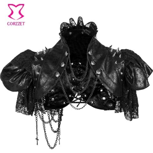 Black Leather & Lace Rvet Chain Stand Collar Batwing Sleeve Short Rave Rock Steampunk Clothing Women Vintage Jacket Gothic Coat