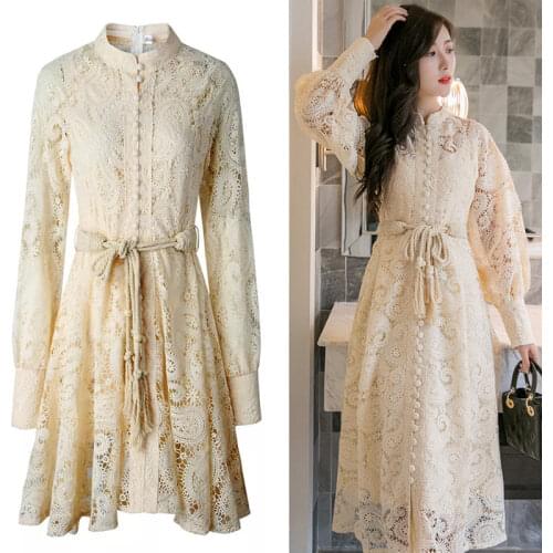 High Quality 2021 Autumn Runway Long Dress Women Single-breasted Lantern Sleeves Hollow Embroidered Lace Sashes Dress