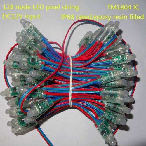 128pcs/string TM1804 LED smart pixel nodes,DC12V input;IP68 rated;epoxy resin filled;RGB full color
