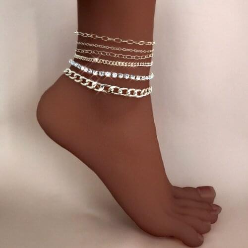 6pc/set Vintage Simple Crystal Tennis Anklets Set For Women Girls Golden Metal Cuban Link Ankle Chain Summer Barefoot Jewelry