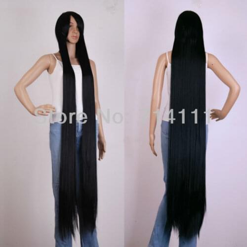 60"(150cm) Black Extra Long Synthetic Cosplay Wig Halloween Straight Costume Wigs + Wig Cap
