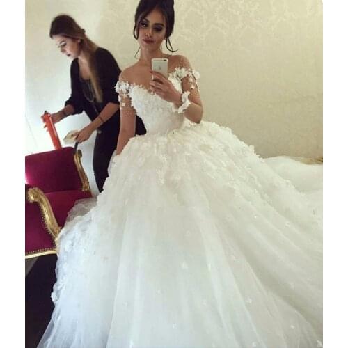 ANGELSBRIDEP Sweetehart Neck Wedding Dresses Long Sleeves Ball Gown Court Train Beading Tulle Bridal Gowns Robe de mariage