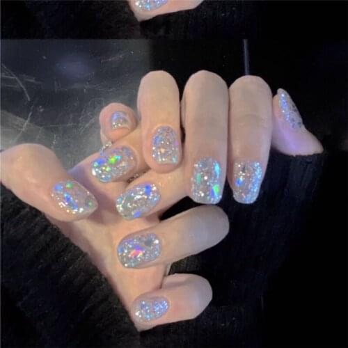 Shining pure color with colorful pieces UV gel false nails french 24pcs short size bride full nail tips gel cute fake nails art