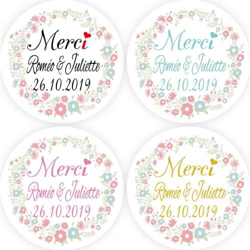DouxArt 100 Pieces Stickers Personalized Merci Wedding Favors, 4CM Garland Dragees Marriage Communion Baptism Labels Seals