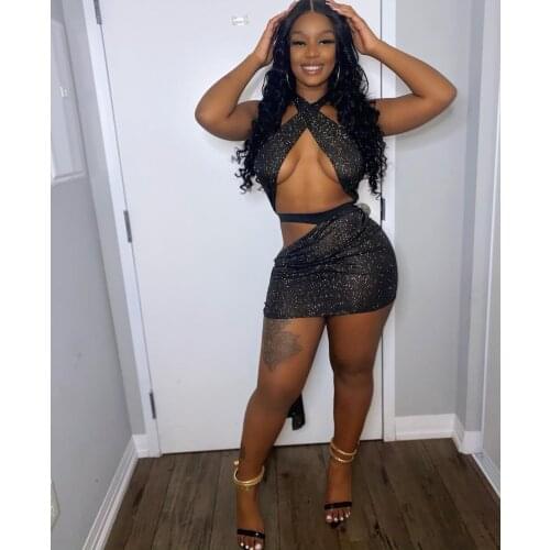 Echoine Summer Sequin Wrap Cross Halter Crop Top Backless Mini Skirt Two Piece Set Sexy Bodycon Lace Up Bandage Matching Set