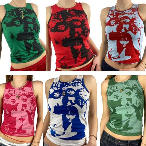 Summer Ladies Sexy Short Camisole Girls Leisure Style Portrait Printing Round Collar Sleeveless Slim Crop Tops