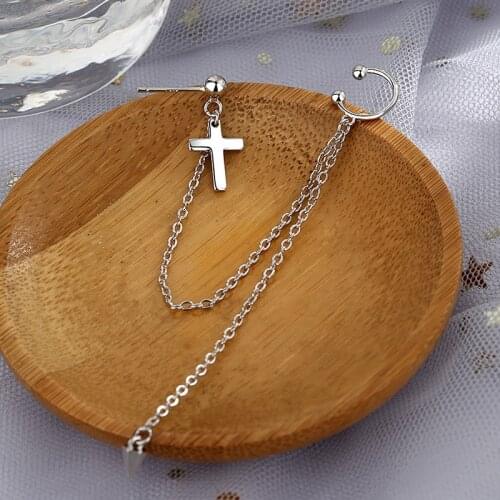 Luckydays 1pcs Cross Ear Cuff Clip Long Chain Tassel Earring Clip on Earrings For Women Fashion Silver Color Jewelry New Earcuff