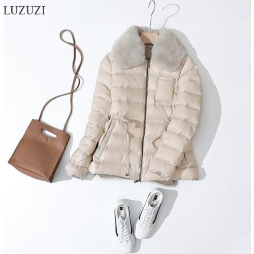 LUZUZI 2021 Winter Large Real Rabbits Hair Down Jacket Women Ultra Light 90% White Duck Down Parka Sash Tie Up Warm Coat Female