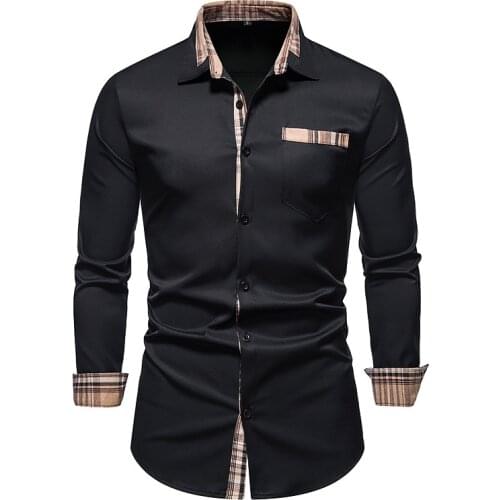 Mens Casual Long Sleeve Dress Shirts Hipster Patchwork Plaid Button Up Shirt Men Formal Business Work Casual Shirt with Pocket