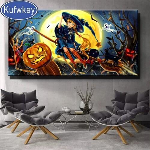 Large Cartoon Witch Pumpkin Witch Girl Diamond Painting Kits DIY Diamond Mosaic Art Kits Full Drill Round for Halloween Gift