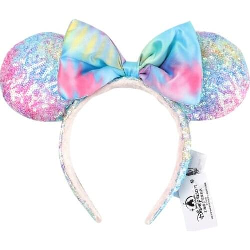 Disney Original Headband Plush Toy Mickey Mouse Minnie Rainbow Bow-knot Authentic Sequin Ears Costume Cosplay
