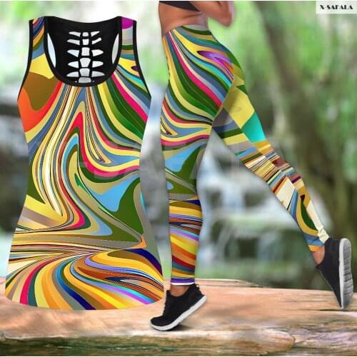 Psychedelic Color Hippie 3D Print Women Two Piece Yoga Set Vest Hollow Combo Tank Top Legging Waist Sport Fitness Quick Dry E28