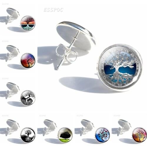 Tree of Life Simple Style Stud Earrings Women Fashion Glass Cabochon Earings DIY Paintings Life Tree Art Jewelry Gifts