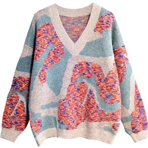 PERHAPS U Light Green Blue Navy Blue Sweater V Neck Knitted Pullovers Long Sleeve Patchwork Hit Color Loose Autumn Winter M0211