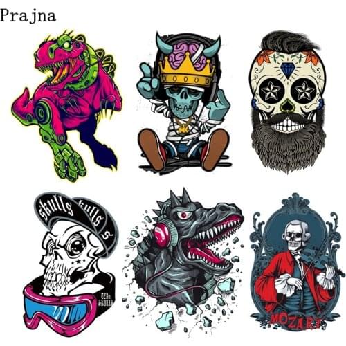 Prajna Punk Dinosaur Thermal Heat Transfer For Clothes Skull Biker Applique Iron-on transfer For Clothing Stickers Washiable