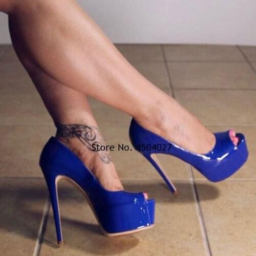 Sexy Blue Patent Leather Platform Peep Toe Stiletto Heel Pumps for Women Party Wedding Shoes