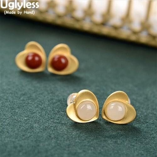 Uglyless Sweet LOVE Gifts for Girls Natural Agate Jade Heart-shape 10MM MINI Studs Earrings Gold Real 925 Silver Earrings Gems