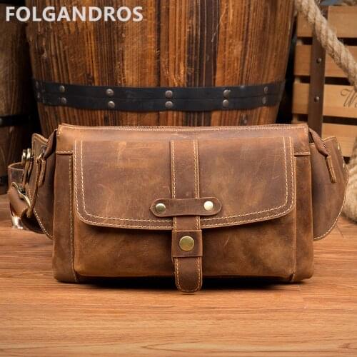 Vintage Crazy Horse Leather Waist Packs Genuine Leather Mens Waist Bags Bum Pack Belt Fanny Bag For Man Phone Money Cash Pack