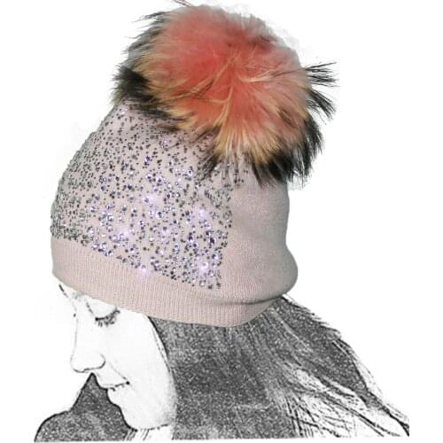 Knitted Hat Woman Wool Strass Pink Pompom Sparkles Sparkly Crystals Ball L Rose Soft winter Warm Ski Fashion Style Chic