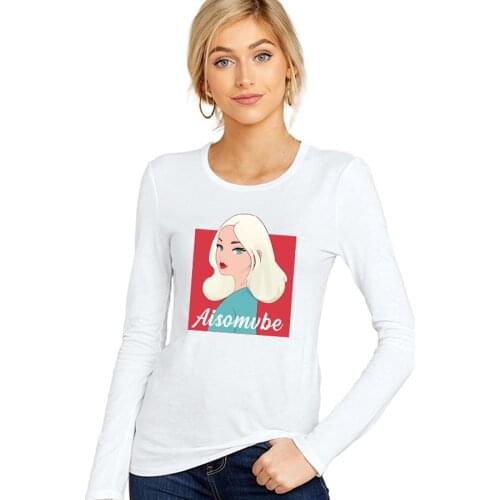SXYTXE Women Basic Long Sleeve Crew Neck Aisqmube Printed T-Shirt Casual Fitted Cotton Tops