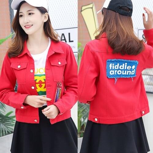 Womens red denim jacket Korean style loose jacket fringed decorative top