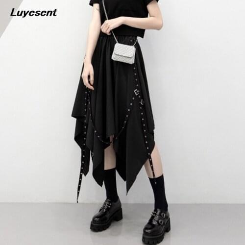Black Punk Irregular Length Girl Skirt Long Gothic Lady Harajuku Skirt Eyelet Ribbon Buckle Summer Korean Fashion Street Cloth