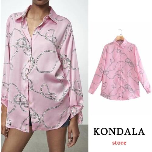 KONDALA Women Za 2021 Chic Pink Geometric Print Shirts Stain Vintage Long Sleeve Single Button Turn Down Collar Loose Blouses
