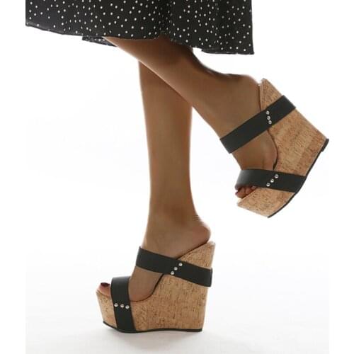 Splicing Cork Women Mules Heels Wedges Sandals Rivet PeepToe High Heel Flat Slides Feamle Mule Shoes For Women Heels Slippers