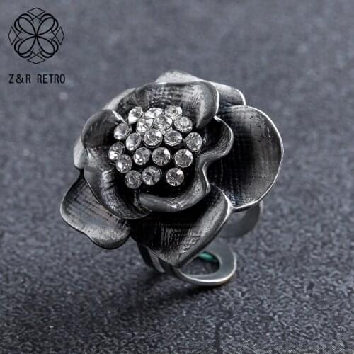 Antique Flower With Beads Rings Jewelry For Women Silver Color Accessories Gothic Bijouterie Eternity Promise Female Decoration