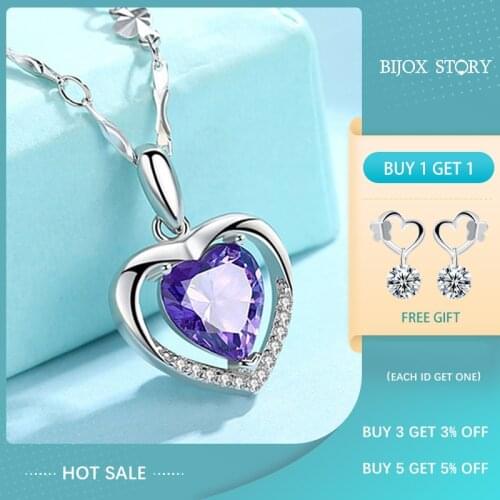 BIJOX STORY Fashion Silver 925 Jewelry Necklace with Heart-shape Sapphire Amethyst Gemstones Pendant for Women Wedding Wholesale