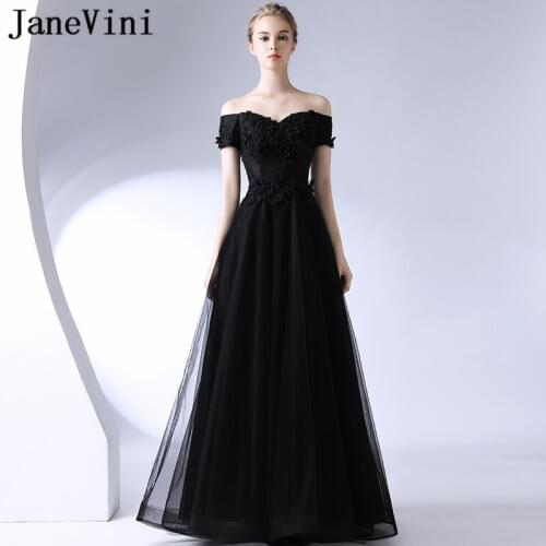 JaneVini 2018 Black Tulle Bridesmaid Dresses A Line Boat Neck Lace Applique Beaded Backless Floor Length Vintage Long Prom Gowns