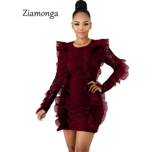 Ziamonga Spring Runway Ruffles Irregular Lace Patched Dress Women Vintage Long Sleeve Package Hip Bodycon Club Dress Big Size
