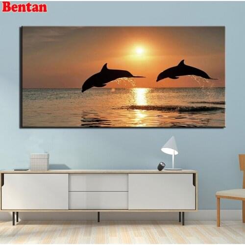 5D Diy Diamond Painting Large dolphin sea sunset Full square round mosaic 3d picture of Rhinestone embroidery modern decoration
