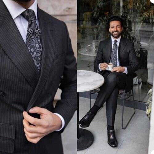 Black Pinstripe Groom Mens Tuxedos Slim Fit Peaked Lapel Business Wedding Blazer Suits Formal Prom Party Wear(Jacket+Pants)